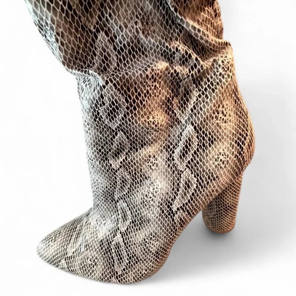 Fashion Nova Snake-Print Over-the-Knee Boots - Gray Beige